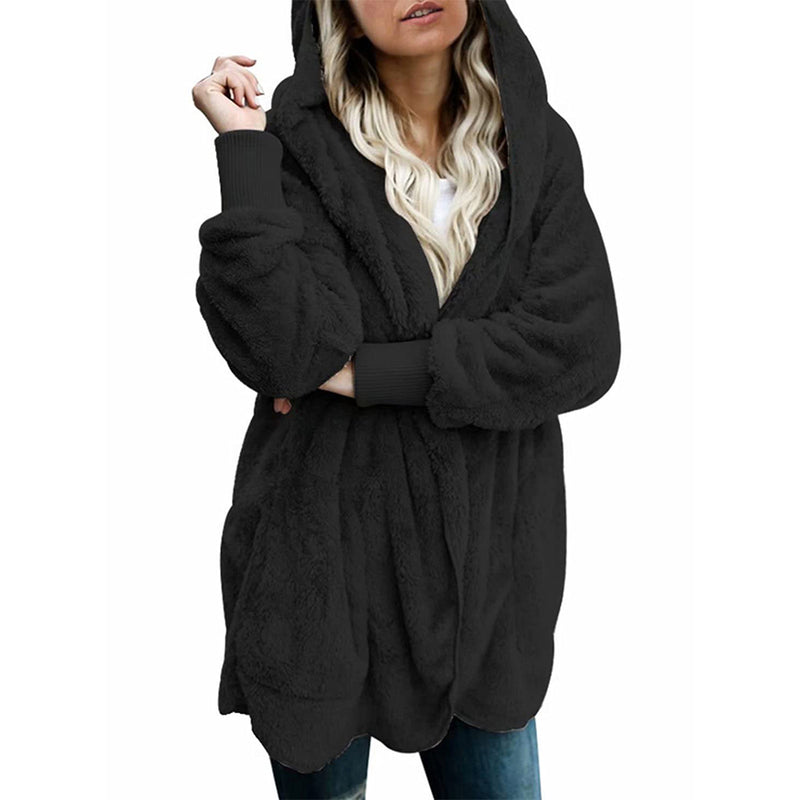 Dokotoo Solid Fuzzy Fleece Open Front Hooded Cardigans Jacket Coats Outwear with Pocket