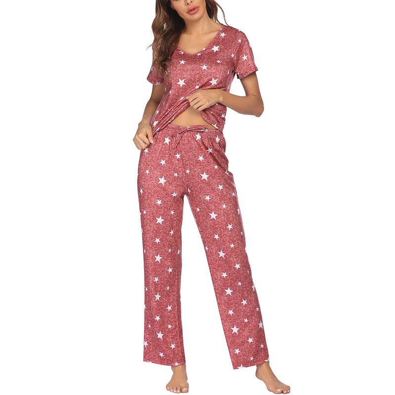 Ekouaer Women Pajama Sets V-Neck Short Sleeve Tops with Drawstring Pants Sleepwear Soft Pj Sets Nightwear