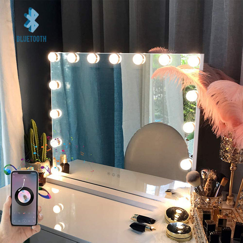FENCHILIN Large Vanity Mirror with Lights and Bluetooth Speaker, 15 Dimmable LED Bulbs