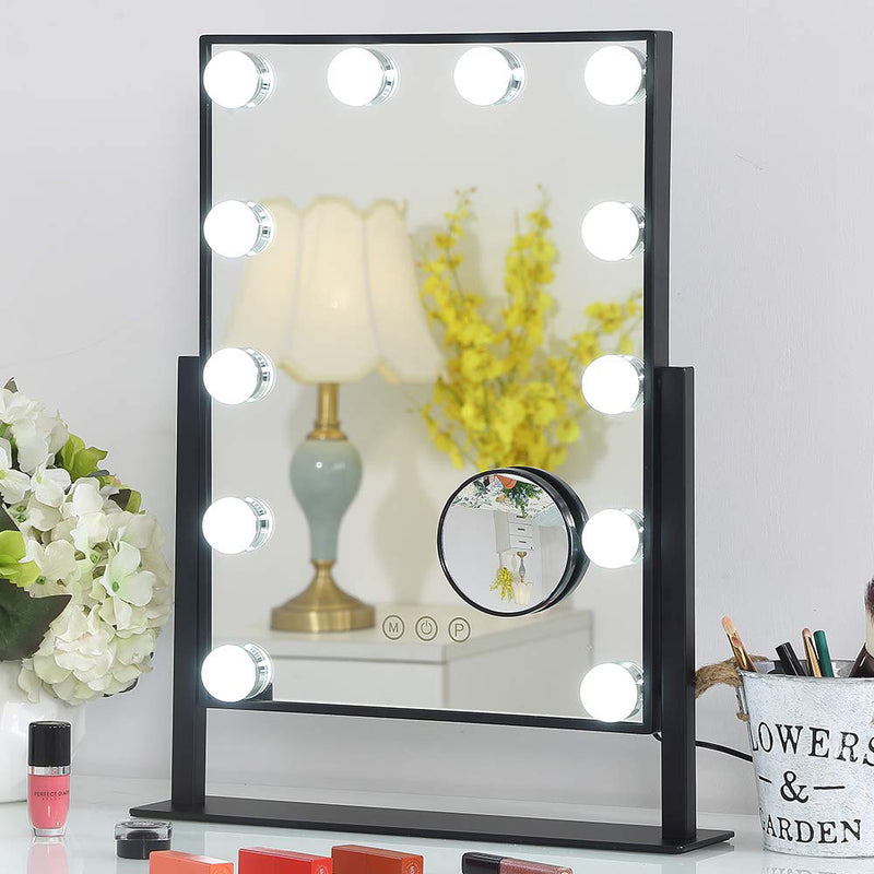 FENCHILIN Lighted Makeup Mirror with 12 Pcs non-replaceable LED bulbs (Black)