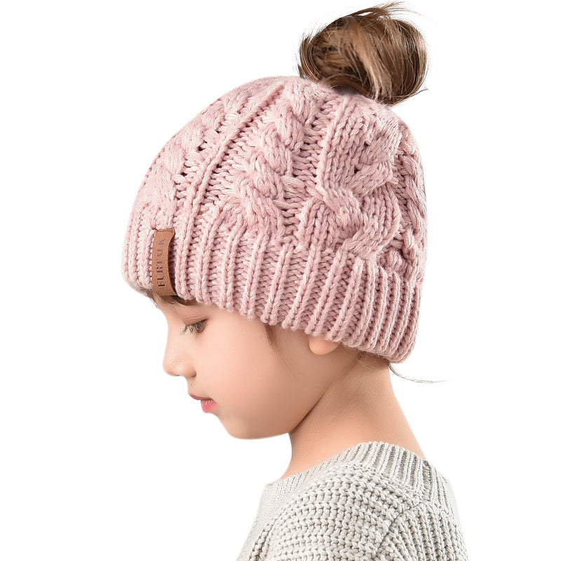 FURTALK Winter Hats for Girls Ponytail Beanie Hat Kids Toddler Girl Knit Cap Messy Bun, Age 3-10 Years