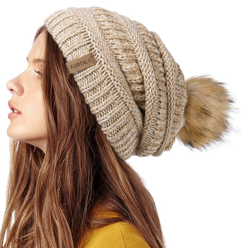 FURTALK Womens Winter Knit Slouchy Beanie Hat Warm Skull Ski Cap Faux Fur Pom Pom Hats