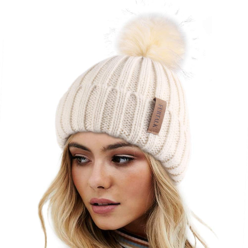 FURTALK Womens Winter Knitted Beanie Hat with Faux Fur Pom Warm Knit Skull Cap Beanie