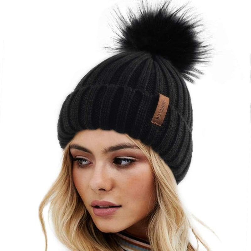FURTALK Womens Winter Knitted Beanie Hat with Faux Fur Pom Warm Knit Skull Cap Beanie