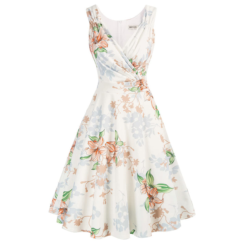GRACE KARIN Sleeveless Solid Floral A-Line Cocktail Swing Dress