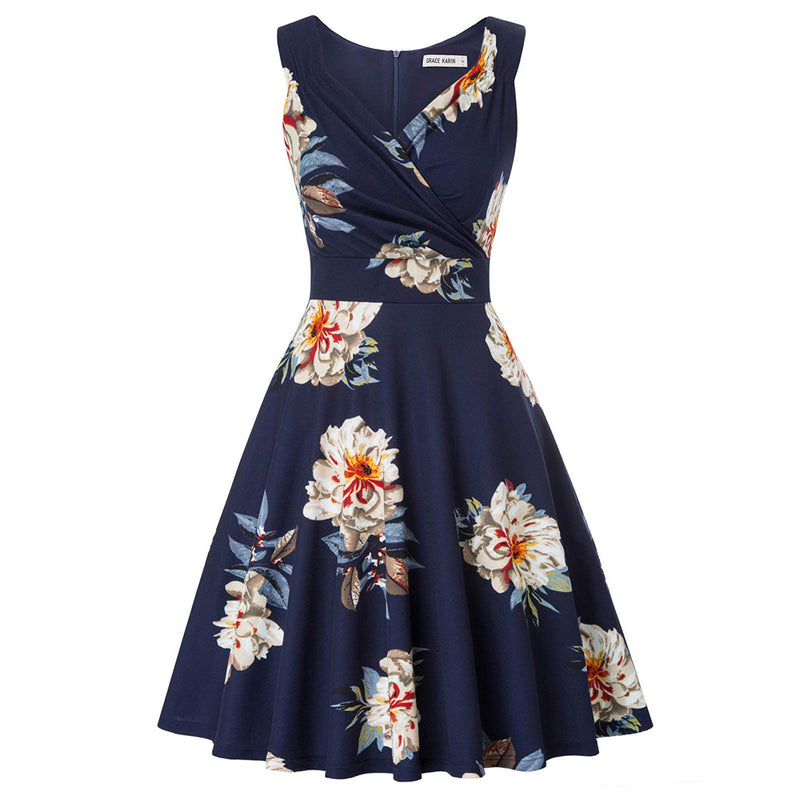 GRACE KARIN Sleeveless Solid Floral A-Line Cocktail Swing Dress