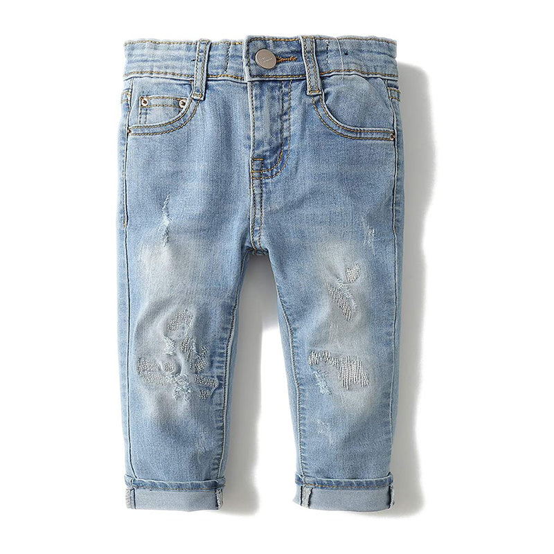 KIDSCOOL SPACE Girl Boy D Ring Elastic Band Inside Ripped Denim Pants