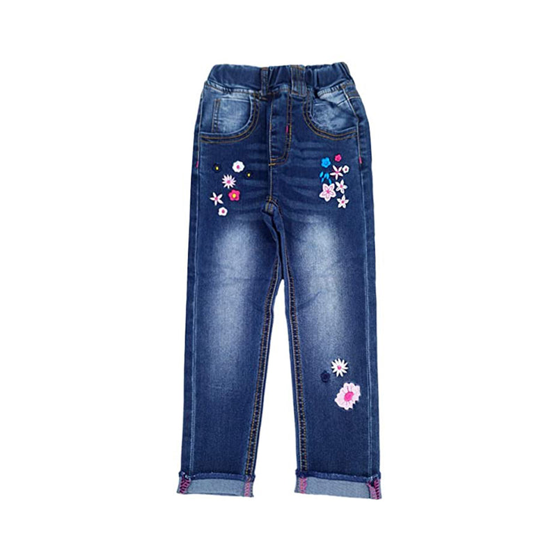 KIDSCOOL SPACE Little Girl Embroidered Jeans, Elastic Waist Denim Pants