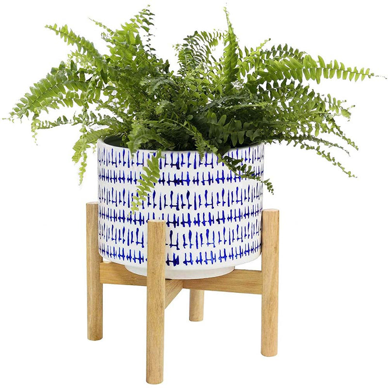 LA JOLIE MUSE Blue Planter, Round Decorative Flower Pot Indoor with Wood Planter Holder