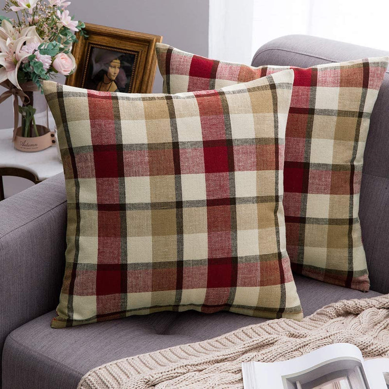 MIULEE Decorative Throw Pillow Covers Checkered Plaids Tartan Linen Rustic Farmhouse Square Cushion Case