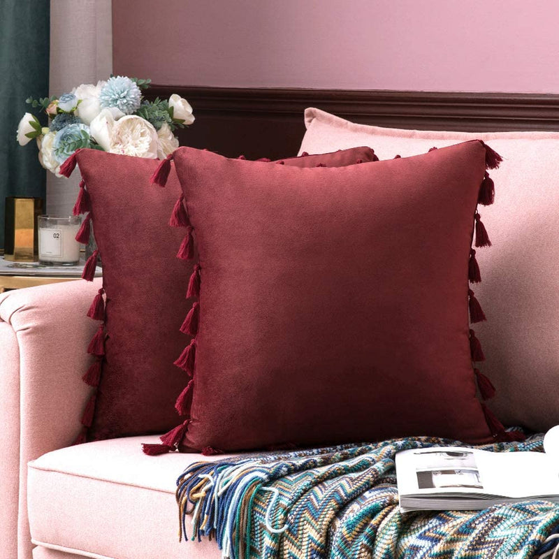 MIULEE Velvet Soft Solid Decorative Fall Throw Pillow Cover with Tassels Fringe Boho Accent Cushion Case