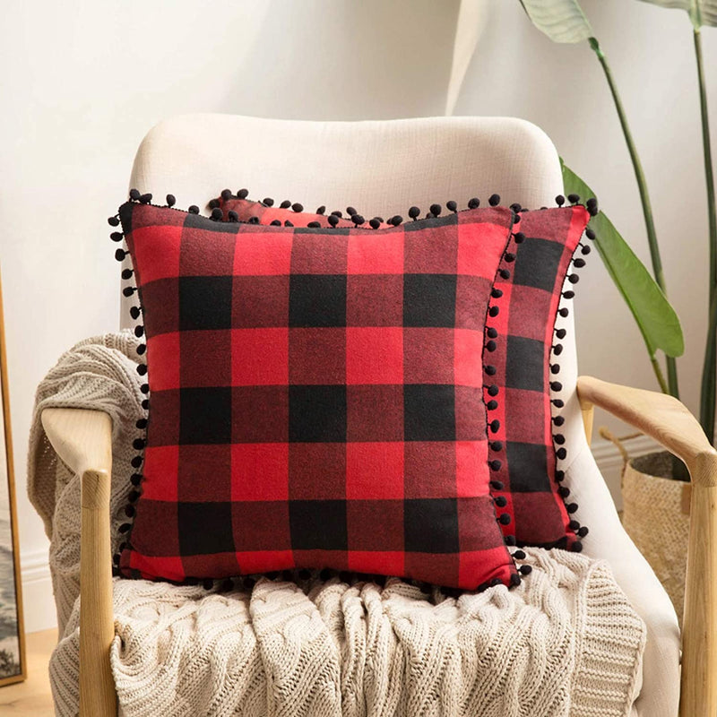MIULEE Set of 2 Fall Halloween Farmhouse Buffalo Plaid Check Pillow Cases with Pom-poms Decorative