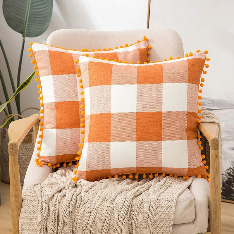 MIULEE Set of 2 Fall Halloween Farmhouse Buffalo Plaid Check Pillow Cases with Pom-poms Decorative