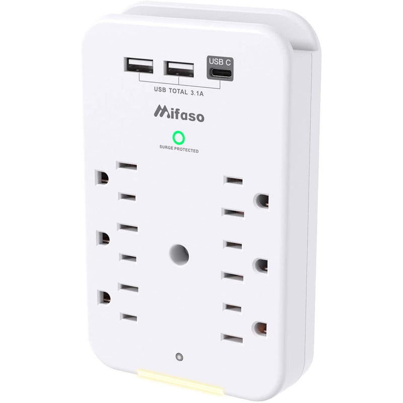 Mifaso Multi Plug Outlet - Surge Protector, 6 Outlet Extender with 3 USB(1-USB C) and Night Light
