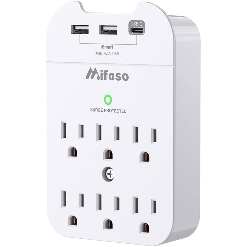 Mifaso Outlet Extender - Wall Surge Protector with 6 Outlets 3 USB (1 USB C, Total 4.5A), Multi Plug Outlet Splitter