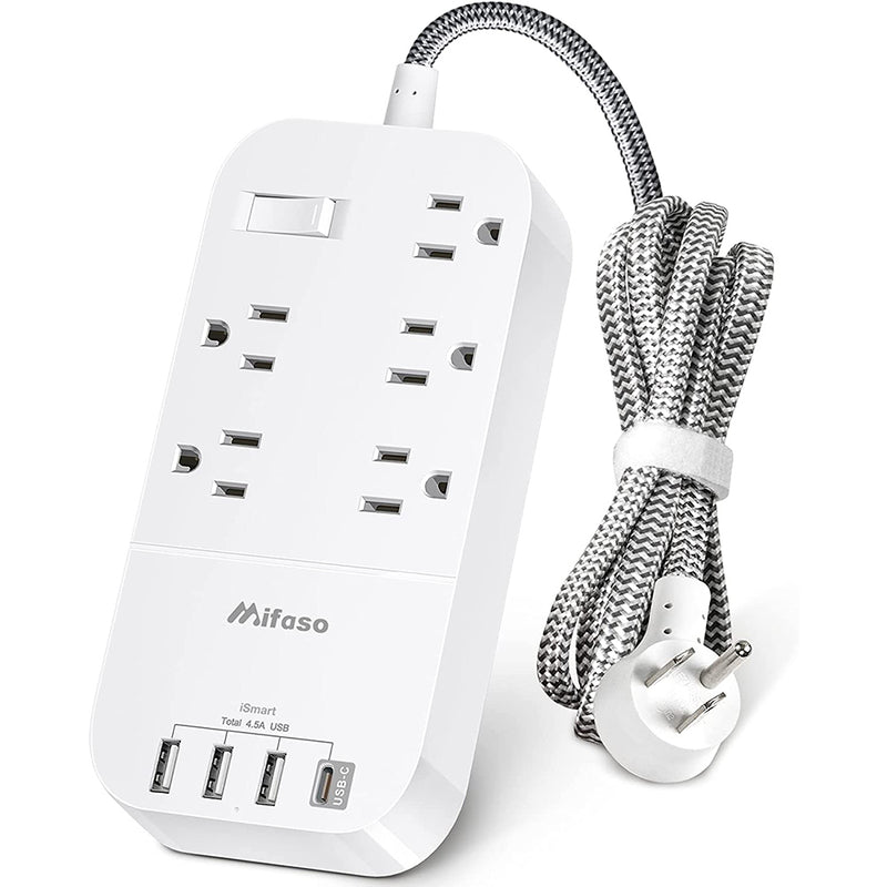 Mifaso Power Strip with USB C - Flat Plug Extension Cord with 5 Outlets 4 USB, Wall Mount Power Bar Outlet Extender
