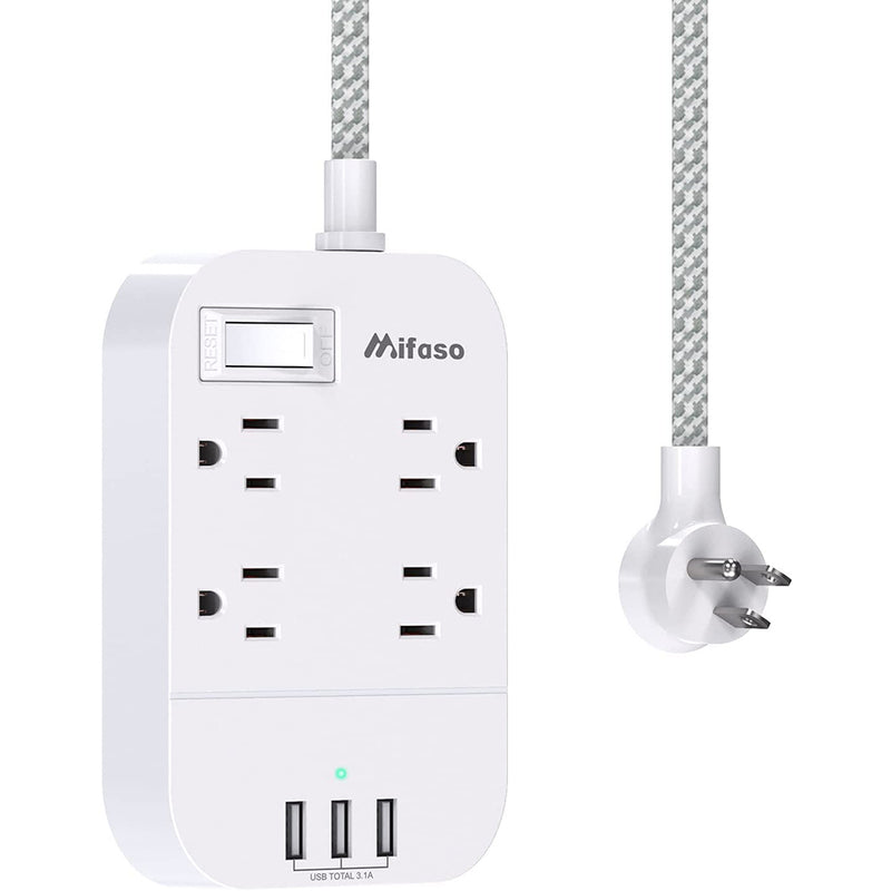 Mifaso Power Strip with USB Extension Cord - Flat Plug and 4 Outlets 3 USB Charger Ports, 5 FT Braided Power Cord