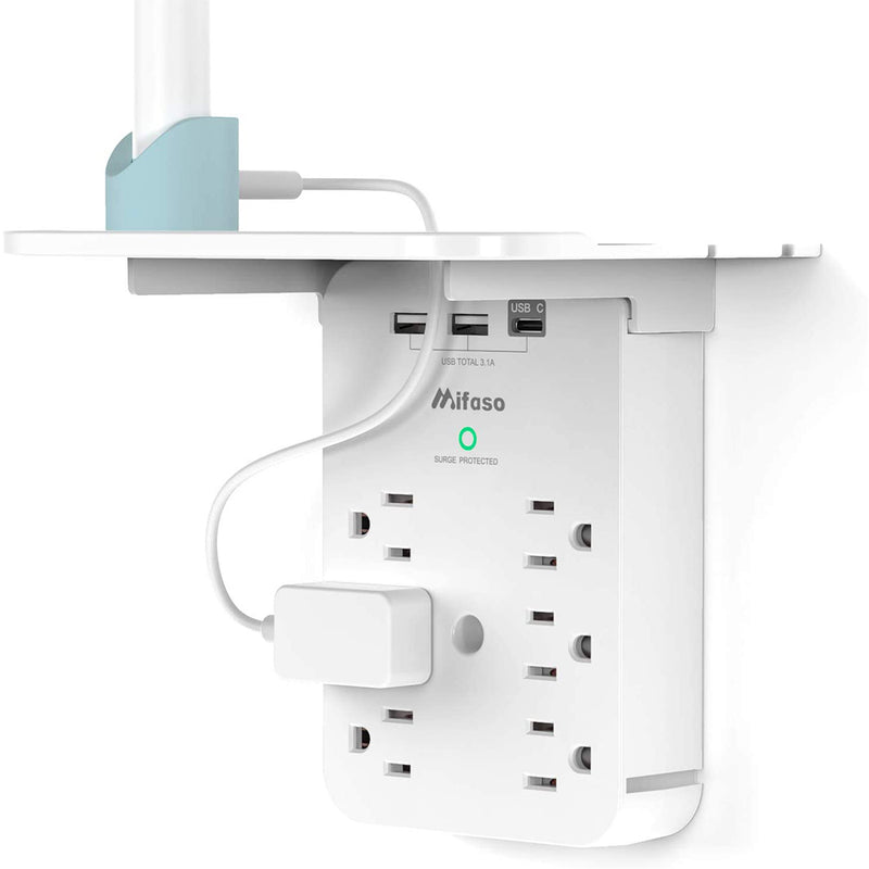 Mifaso Wall Outlet Extender - Surge Protector 6 AC Outlets Multi Plug Outlet with Shelf, 2 USB and USB C Charging Ports Wall Plug Expander