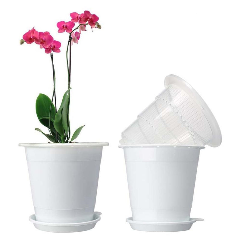 Mkono Plastic Planter Pot, Orchid Pots with Holes Mesh Net, Drainage Saucer Trays