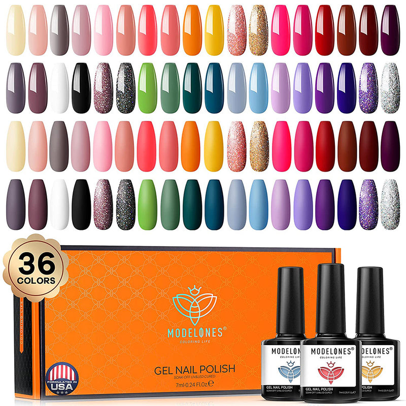 Modelones  36 Pcs Colors 7ML Fall Autumn Holiday Gel Polish Soak Off Gel Nail Kit Glitter Nail Art Starter Kit