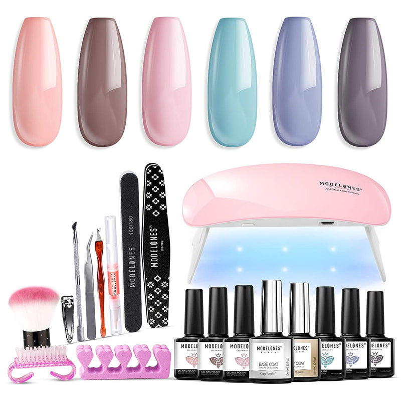 Modelones Gel Nail Kit with 6W LED Mini Lamp, Base Top Coat, 6 Color Gel Salon Set in Tiny Bottles Fall Winter Colors