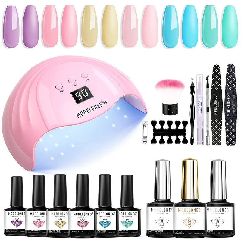 Modelones Gel Nail Polish Kit with Light 48W LED Nail Lamp Pastel Summer Gel Nail Kit Soak Off Gel Polish