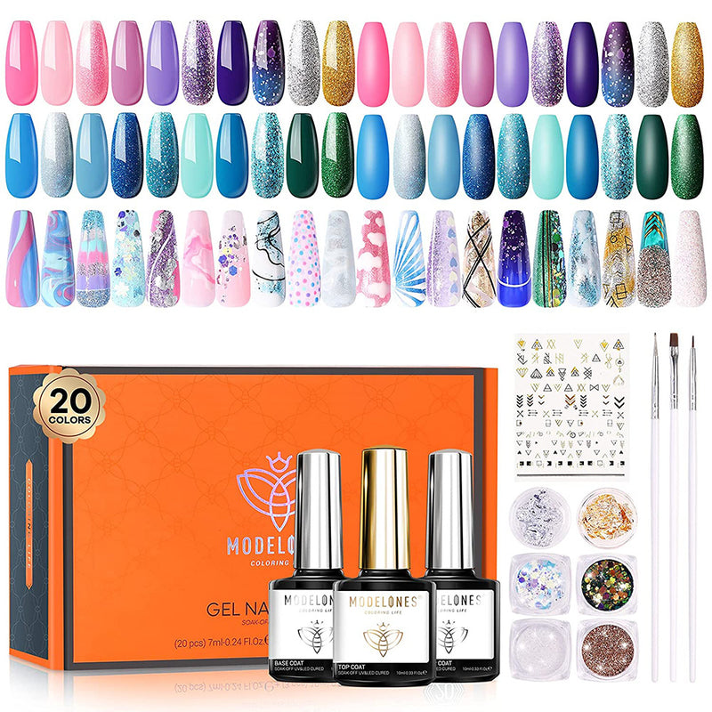 Modelones Gel Polish 20 Colors - 10ml Gel Nail Polilsh Kit Glitter With Base Coat Glossy Matte Gel Top Coat