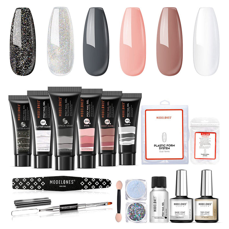Modelones Poly Nail Gel Kit Enhancement Nude Gray Glitter Nail Extension Gel Kit with Slip Solution