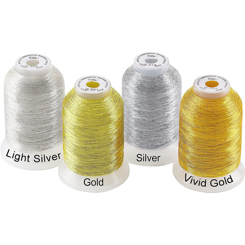 New Brothread 4pcs (2 Gold+2 Silver Colors) Metallic Embroidery Machine Thread Kit 500M (550Y)