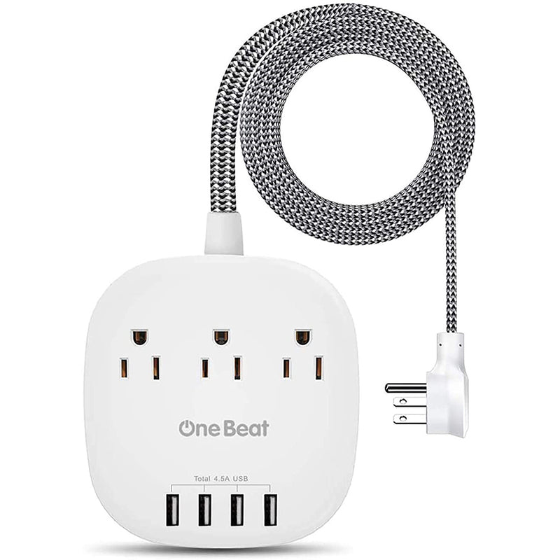 One Beat Desktop Power Strip with 3 Outlet 4 USB Ports 4.5A, Flat Plug and 5 ft Long Braided Extension Cords