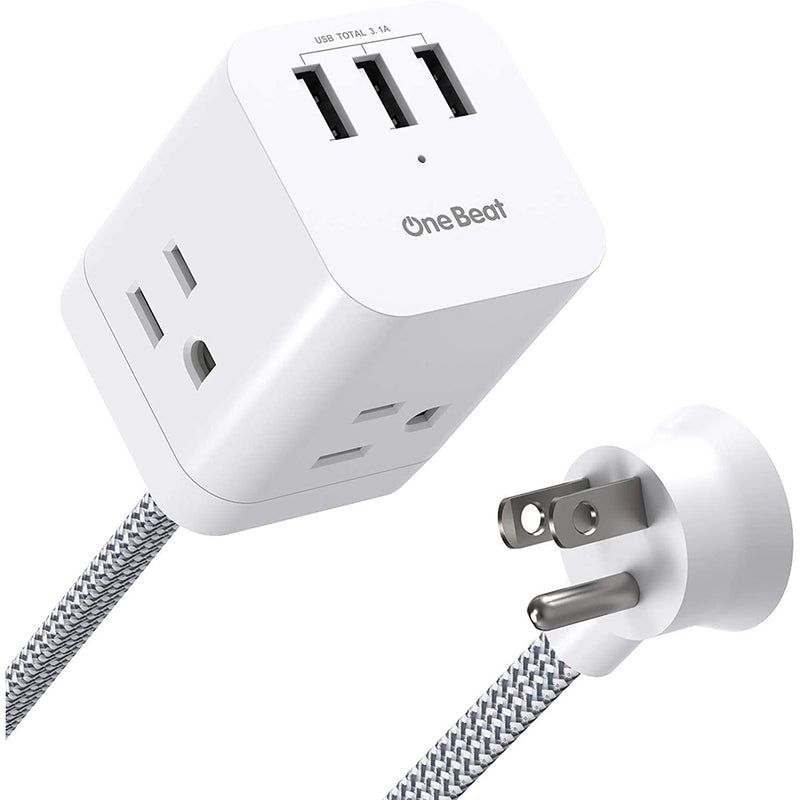 One Beat Power Strip with USB - 3 Outlet 3 USB Ports (3.1A), Flat Plug, 5Ft Long Extension Cord