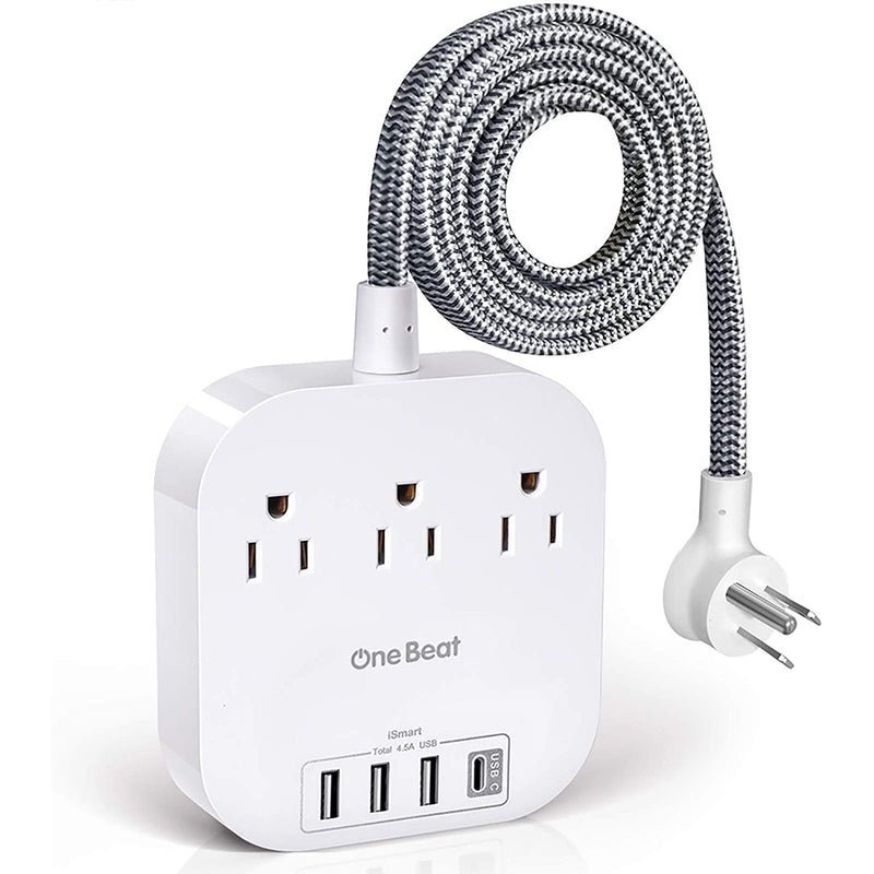 One Beat Power Strip with USB C, 3 Outlets 4 USB Ports (22.5W/4.5A) Desktop Charging Station, Flat Plug
