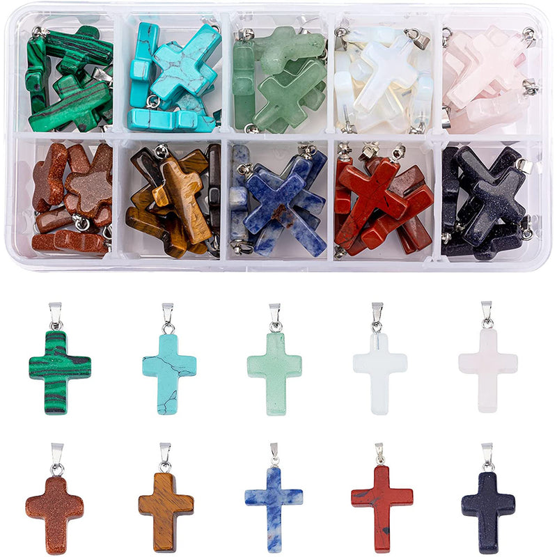 PH PandaHall 10 Color Cross Gemstone Pendants for Jewelry Making