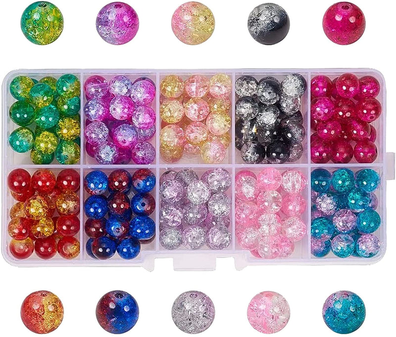 PH PandaHall 200pcs 10 Color Crackle Lampwork Glass Beads 8mm