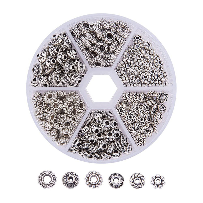 PH PandaHall 300pcs 6 Style Antique Silver Spacer Beads for Jewelry Making