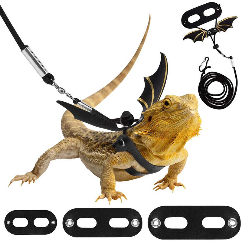 Pawaboo Adjustable Bearded Dragon Harness, 3 Size Leather Reptile Leash with Bat Wings for Lizard Reptiles