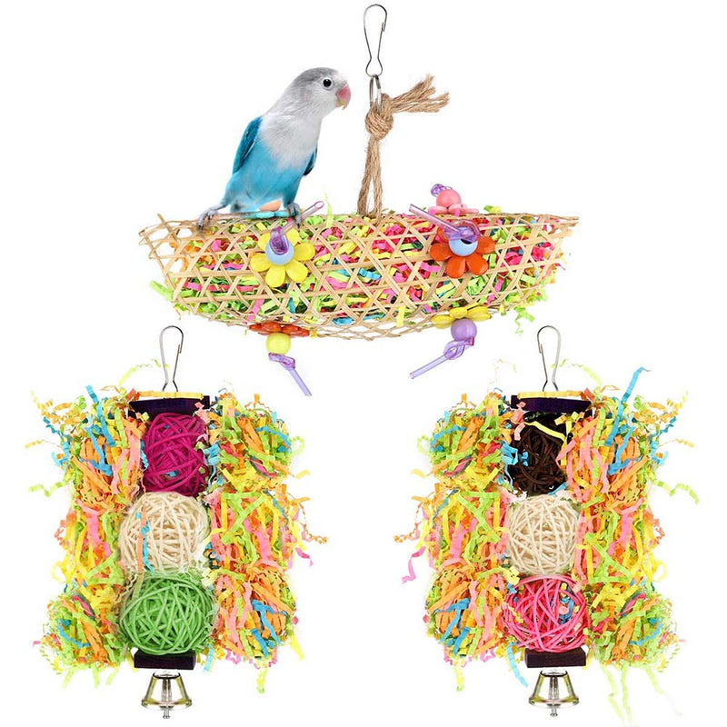 Pawaboo Bird Parrot Toys 3 Packs, Chewing Toy Bird  Hammock Hanging Swing with Bells