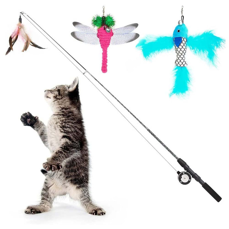 Pawaboo Cat Feather Teaser Wand Toy, 4 Pack Interactive Retractable Fishing Pole Wand Catcher