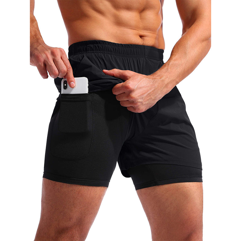 Pudolla Men’s 2 in 1 Running Shorts 5" Quick Dry Gym Athletic Workout Shorts for Men with Phone Pockets