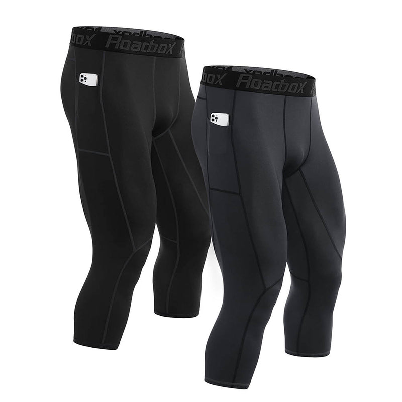 Roadbox Mens 3/4 Compression Pants with Pockets Running Base Layer Legging Tights
