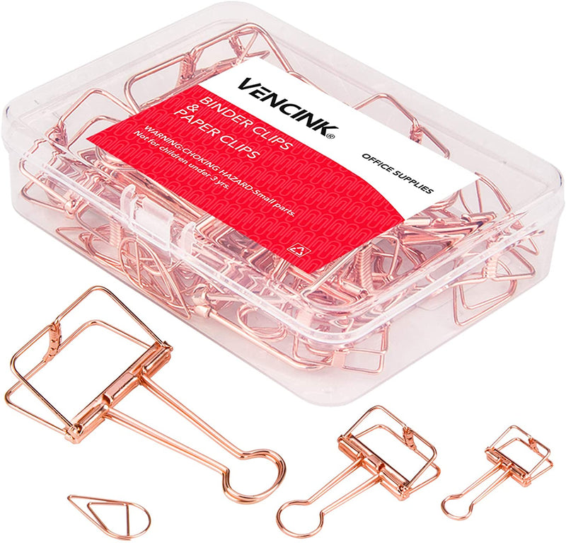 VENCINK Rose Gold Wire Binder Clips and Cute Paper Clips Set Assorted Sizes, 2 Large 6 Medium 10 Small