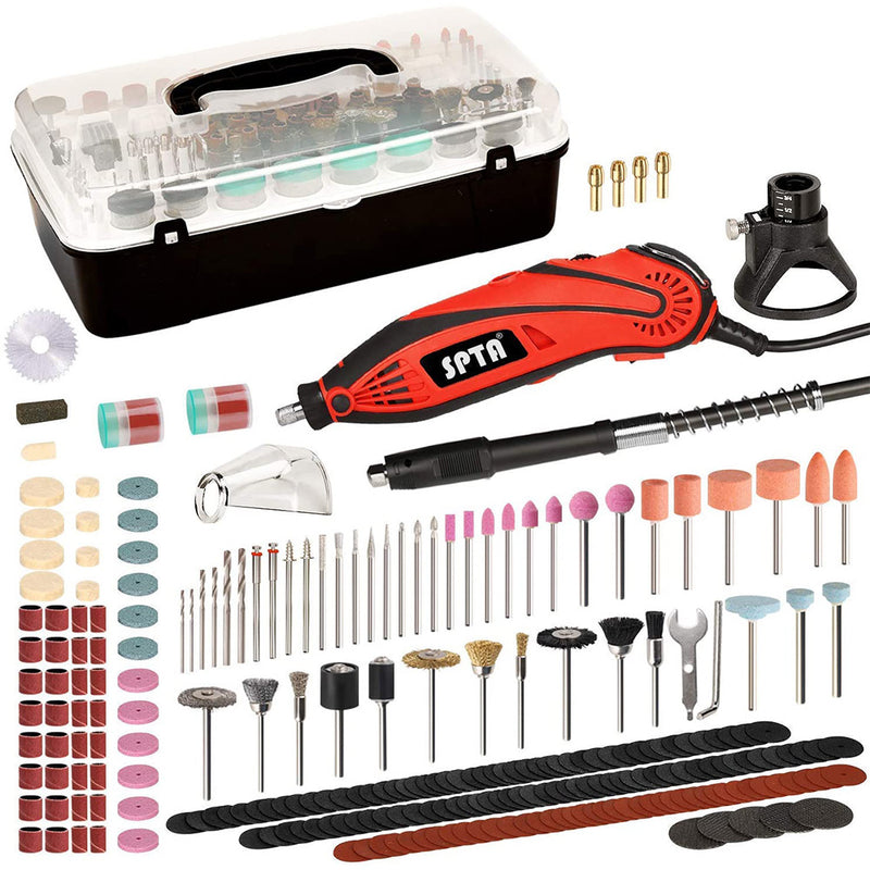 SPTA Rotary Tool Kit 1.3 amp 10000-32000RPM, 6 Variable Speed with 4 Attachments, 388 Accessories