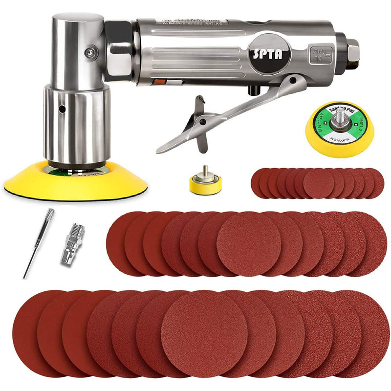 SPTA Mini Air Angle Sander Grinder Air Random Palm Sander Air Orbital Sander with M6 Backing Plate Sets