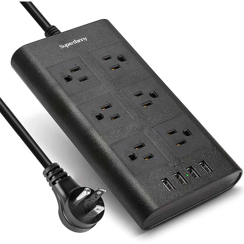 SUPERDANNY 15A Surge Protector Power Strip Flat Plug USB Ports Charger