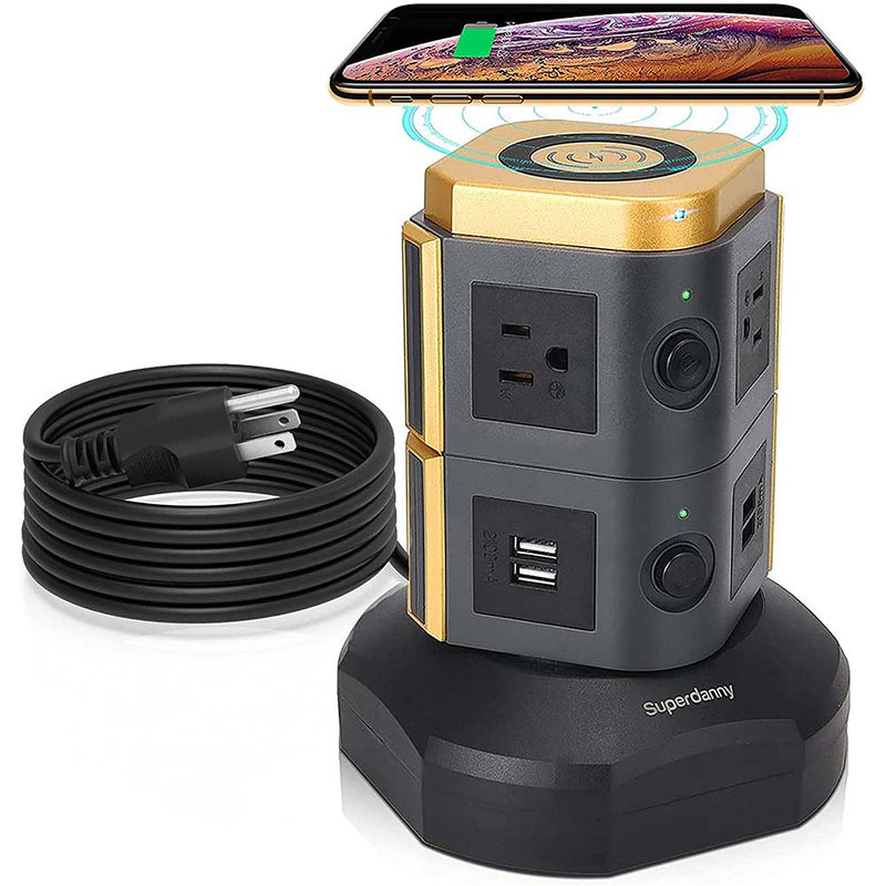 SUPERDANNY Power Strip Tower with 10W Wireless Charger, Charging Station
