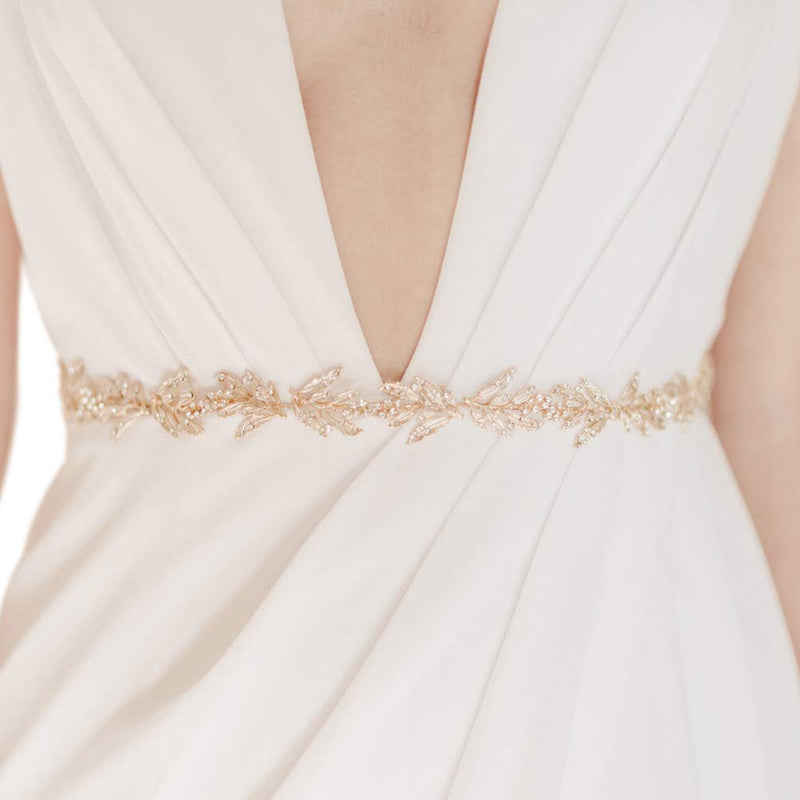 SWEETV Bridal Belt with Rhinestones Handmade Belt Crystal Leaf