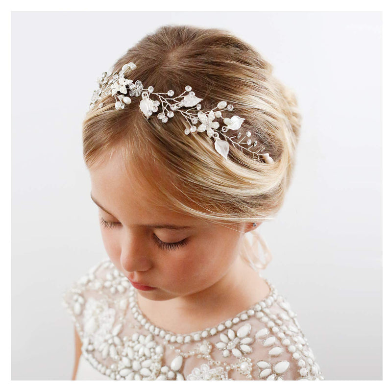 SWEETV Flower Girl Headpiece Silver Princess Wedding Headband  Pearl Hair Accessories