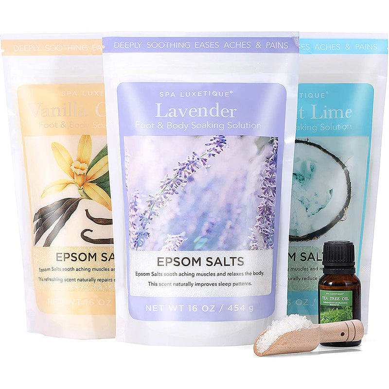 Spa Luxetique Epsom Bath Salt Gift Set with Wooden Scoop, Tea Tree Oil Foot Soak
