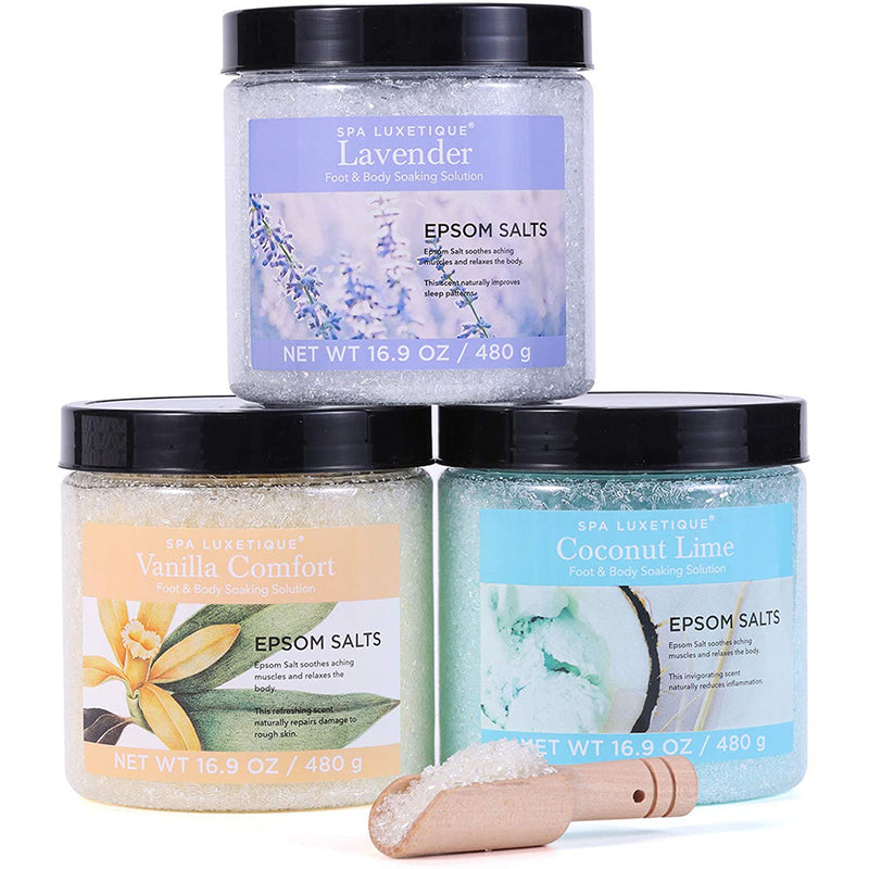 Spa Luxetique Epsom Bath Salts for Soaking, with Wooden Scoop, 3 Packs