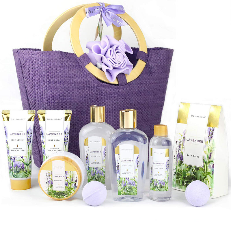 Spa Luxetique Lavender Bath Gift Baskets with body lotion, bath bombs for Women